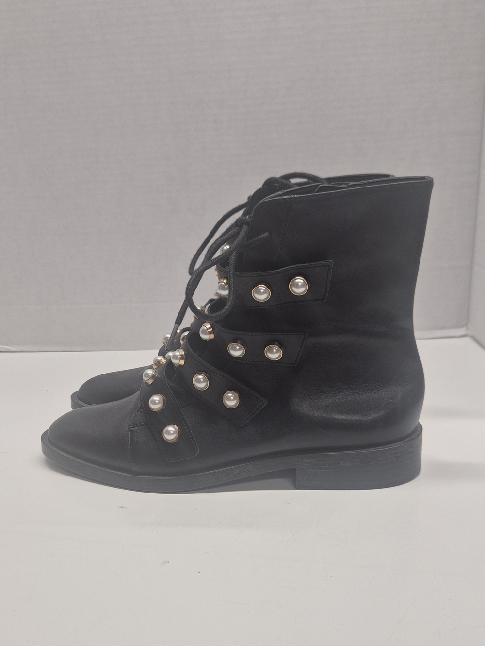 Zara Ankle Boots Booties Leather Shoes Lace Up Pearl Embellished Black Size US 8